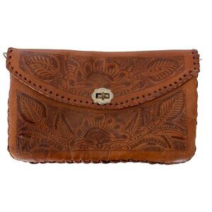 HANDMADE Unbranded Floral Leather Clutch Purse Twist Lock Brown